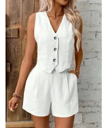 Kadın Sıfır Kol Askılı V Yakalı önden Düğmeli Ithal Keten Ceket Ve Short Ikili Takım