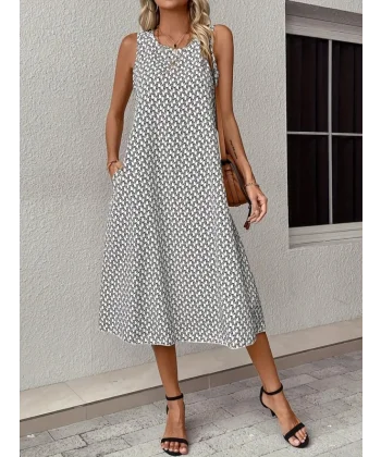 Kadın Sıfır Kol Bisiklet Yaka Desenli Midi Boy Sandy Elbise