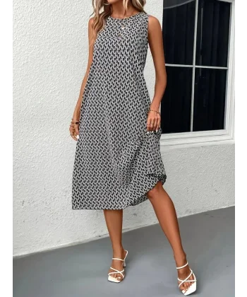 Kadın Sıfır Kol Bisiklet Yaka Desenli Midi Boy Sandy Elbise