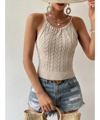 Kadın Sıfır Kol Boyun Bağlama Detay Sırt Dekolte Triko Bluz