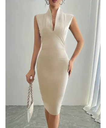 Kadın Sıfır Kol Derin V Yakalı Ithal Krep Elbise