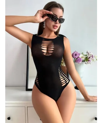 Kadın Sıfır Kol Göğüs, Sırt Ve Yanları Kesik Detay çıtçıtlı Viskon Bodysuit