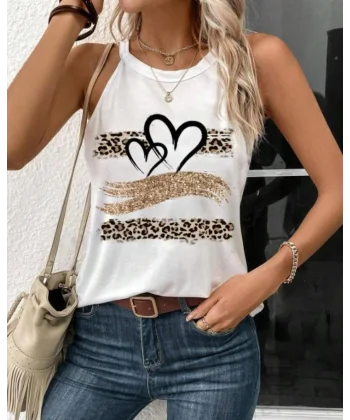 Kadın Sıfır Kol Halter Yaka Kalp Baskılı Viskon Bluz