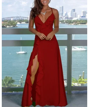 Kadın Sıfır Kol Ip Askılı Dekolteli Yırtmaç Detay Krep Elbise