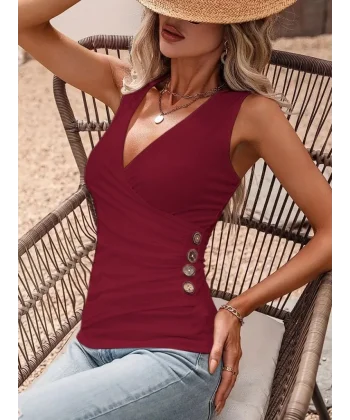 Kadın Sıfır Kol Kruvaze Kesim Bel Düğme Detaylı Viskon Bluz