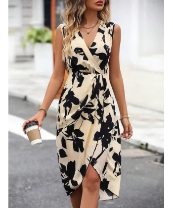 Kadın Sıfır Kol Kruvaze Yaka önden çapraz Kesim Detaylı Desenli Oysho Süprem Elbise