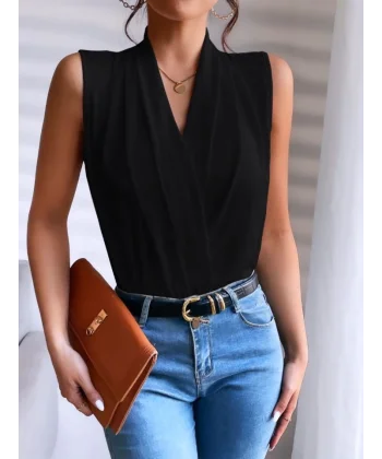 Kadın Sıfır Kol Kruvaze Yaka Sandy Bluz