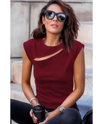 Kadın Sıfır Kol Pencere Detay Viskon T-shirt