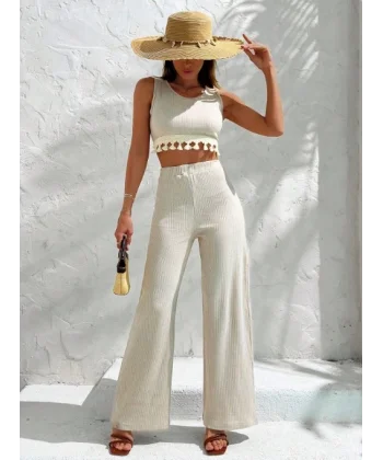 Kadın Sıfır Kol Püskül Detay Geniş Paça Kaşkorse Ikili Takım