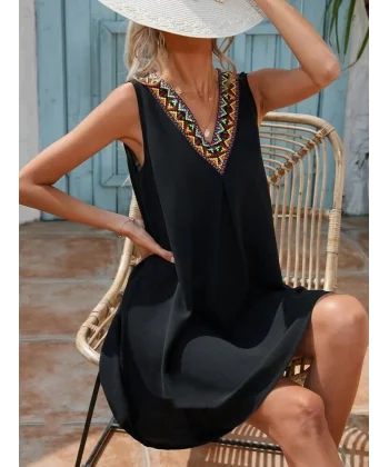 Kadın Sıfır Kol şerit Detaylı V Yaka Viskon Elbise