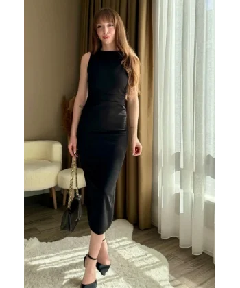 Kadın Sıfır Kol Sıfır Yaka Drape Detaylı Midi Janjan Krep Elbise