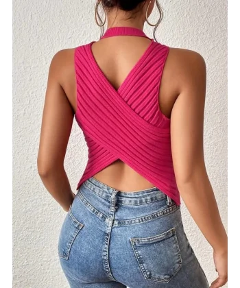 Kadın Sıfır Kol Sırt çapraz Detay Triko Bluz