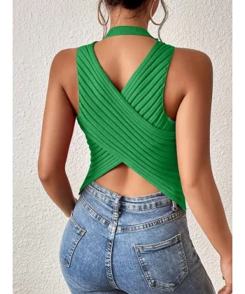 Kadın Sıfır Kol Sırt çapraz Detay Triko Bluz