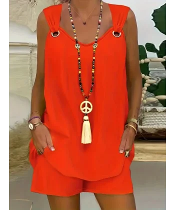 Kadın Sıfır Kol V Yaka Kuş Gözü Detay Bluz Short Aerobin Ikili Takım