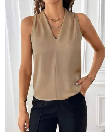 Kadın Sıfır Kol V Yaka Viskon Kumaş Bluz