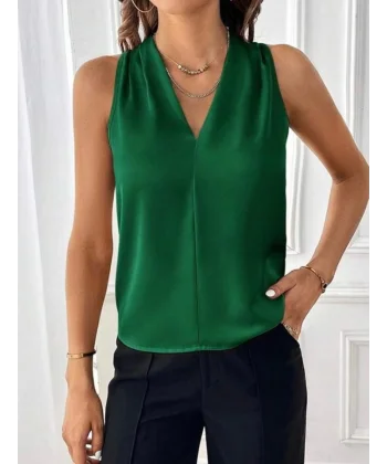 Kadın Sıfır Kol V Yaka Viskon Kumaş Bluz