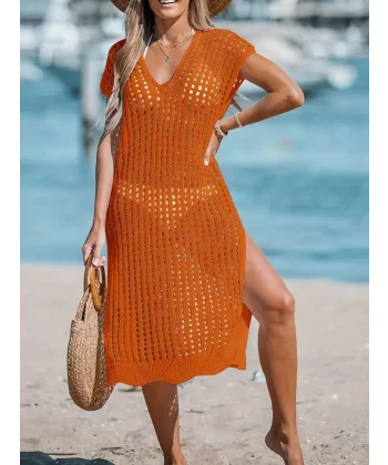 Kadın Sıfır Kol V Yaka Yanı Derin Yırtmaçlı Midi Boy Triko Elbise