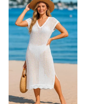 Kadın Sıfır Kol V Yaka Yanı Derin Yırtmaçlı Midi Boy Triko Elbise