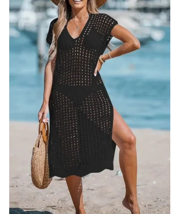 Kadın Sıfır Kol V Yaka Yanı Derin Yırtmaçlı Midi Boy Triko Elbise