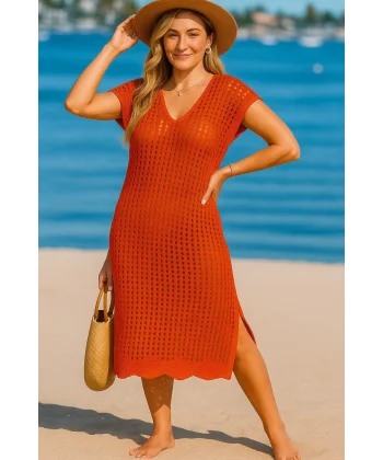 Kadın Sıfır Kol V Yaka Yanı Derin Yırtmaçlı Midi Boy Triko Elbise