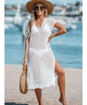 Kadın Sıfır Kol V Yaka Yanı Derin Yırtmaçlı Midi Boy Triko Elbise