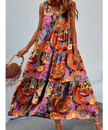 Kadın Sıfır Kol V Yakalı çiçek Baskılı Maksi Süprem Elbise