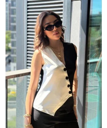 Kadın Sıfır Kol V Yakalı Düğmeli Blok Renkli Atlas Yelek