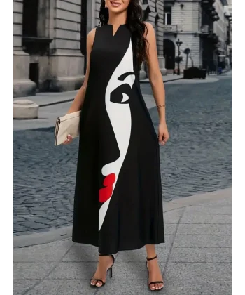 Kadın Sıfır Kol V Yakalı Kadın Yüz Desenli Süprem Elbise