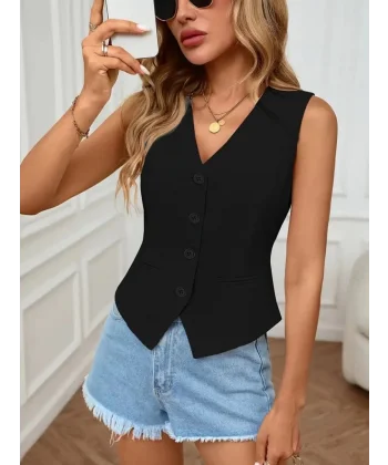 Kadın Sıfır Kol V Yakalı önden Düğmeli Atlas Yelek