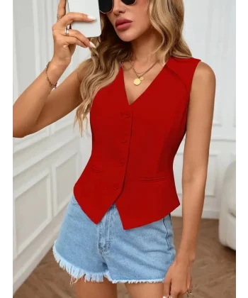 Kadın Sıfır Kol V Yakalı önden Düğmeli Atlas Yelek