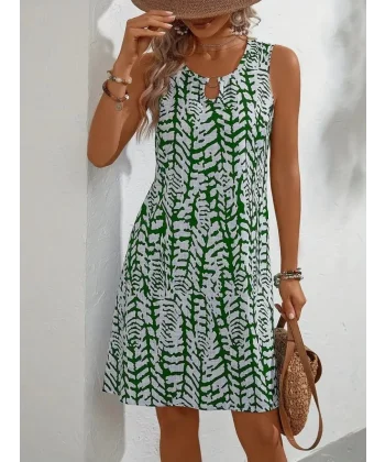 Kadın Sıfır Kol Yakadan Halka Detaylı Desenli Kısa Bürümcük Elbise