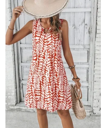 Kadın Sıfır Kol Yakadan Halka Detaylı Desenli Kısa Bürümcük Elbise