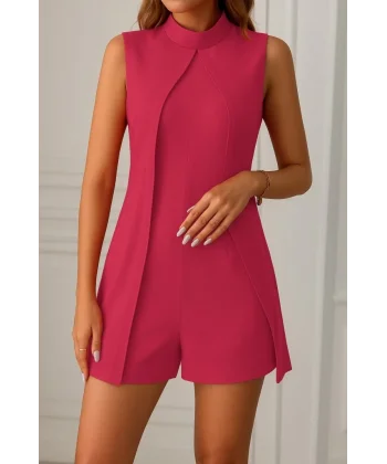 Kadın Sıfır Kol Yarı Balıkçı Yaka önden çapraz Detaylı Ithal Krep Tulum