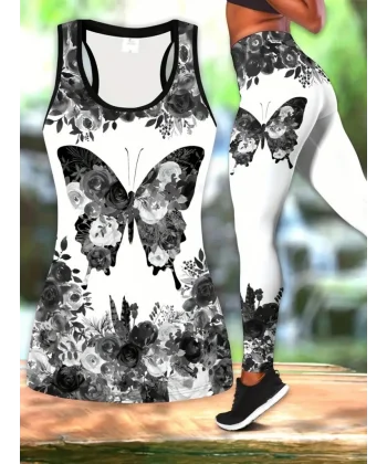 Kadın Sıfır Kol Yuvarlak Yaka Kelebek Desenli Alt Tayt Dalgıç Ikili Takım