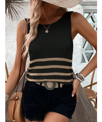 Kadın Sıfır Kol Yuvarlak Yaka şerit Detay Triko Bluz