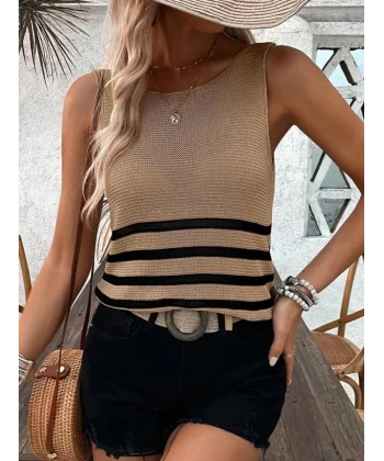 Kadın Sıfır Kol Yuvarlak Yaka şerit Detay Triko Bluz