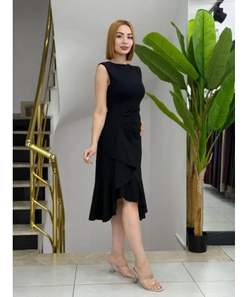 Kadın Sıfır Kollu Belden Büzgülü Eteği Volanlı Asimetrik Kesim Midi Janjan Krep Elbise