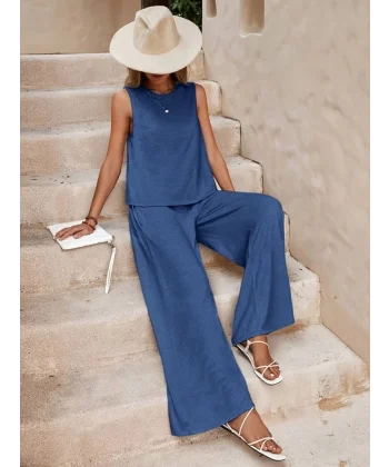 Kadın Sıfır Kollu Bisiklet Yaka Aerobin Bluz Ve Pantolon Ikili Takım