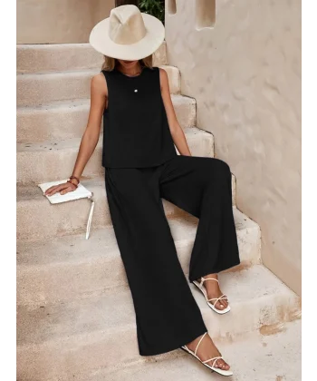 Kadın Sıfır Kollu Bisiklet Yaka Aerobin Bluz Ve Pantolon Ikili Takım