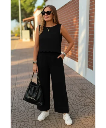 Kadın Sıfır Kollu Bisiklet Yaka Arkadan Bağlamalı Aer8bin Bluz Ve Pantolon Ikili Takım