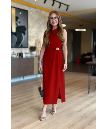 Kadın Sıfır Kollu Bisiklet Yaka Belden Büzgülü Yırtmaç Detaylı Janjan Krep Elbise