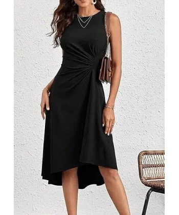 Kadın Sıfır Kollu Bisiklet Yaka Büzgülü Asimetrik Kesim Detaylı Janjan Krep Elbise