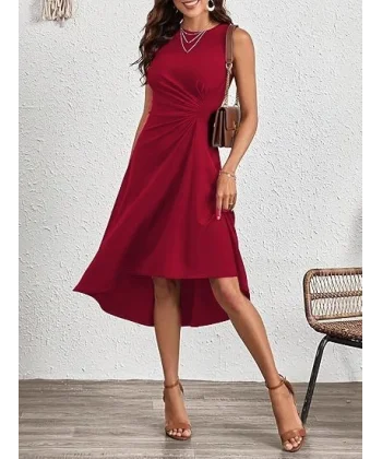 Kadın Sıfır Kollu Bisiklet Yaka Büzgülü Asimetrik Kesim Detaylı Janjan Krep Elbise