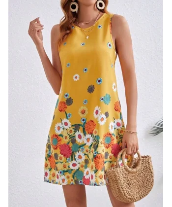 Kadın Sıfır Kollu Bisiklet Yaka çiçek Desenli Süprem Mini Elbise