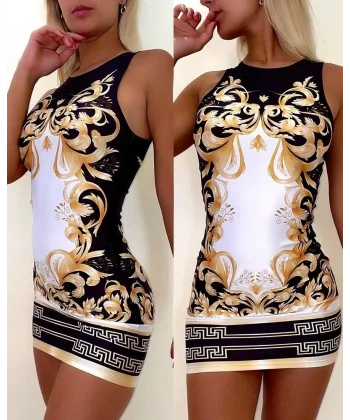Kadın Sıfır Kollu Bisiklet Yaka Dijital Baskı Dalgıç Mini Elbise