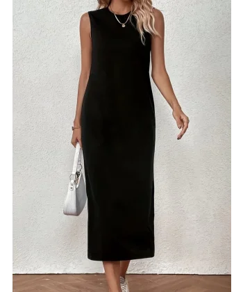 Kadın Sıfır Kollu Bisiklet Yaka Midi Viskon Iki Iplik Elbise