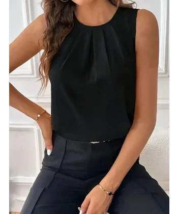 Kadın Sıfır Kollu Bisiklet Yaka önden Pileli Ithal Krep Bluz