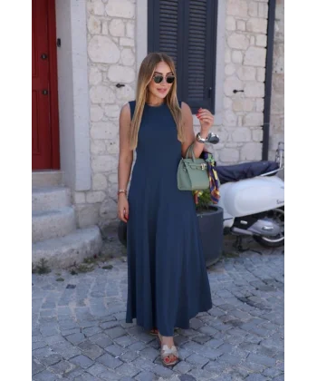 Kadın Sıfır Kollu Bisiklet Yaka Viskon Elbise