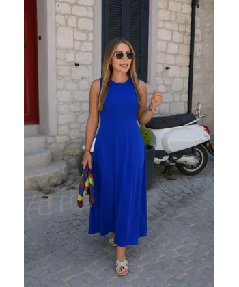 Kadın Sıfır Kollu Bisiklet Yaka Viskon Elbise