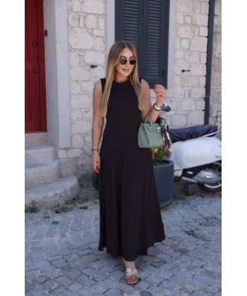 Kadın Sıfır Kollu Bisiklet Yaka Viskon Elbise